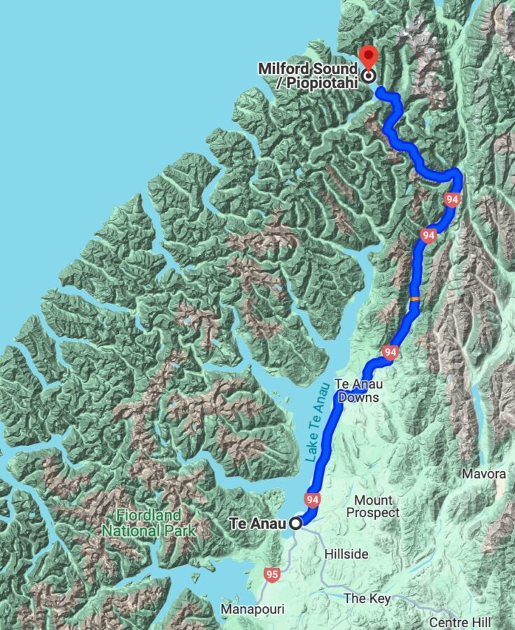 A map of the Milford Road, going from Te Anau to Milford Sound in Fiordland National Park, New Zealand.